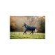 Ein graues Pferd mit einer blauen und schwarzen Decke trottet durch ein nebliges Feld mit herbstlichem Laub im Hintergrund.