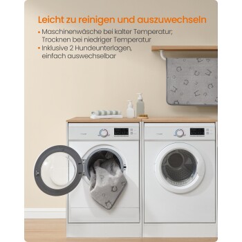 Waschmaschine und Trockner mit grauer Hundedecke; sichtbarer deutscher Text 'Leicht zu reinigen und auszuwechseln' und Pflegepunktliste.