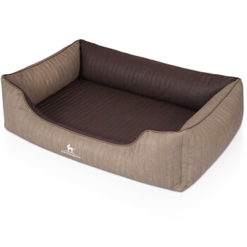 Ein plüschiges, rechteckiges Haustierbett mit einem braunen Innenraum und einem beigen, gerippten Äußeren mit einem Logo, das "KNUFFELWUFF" liest.