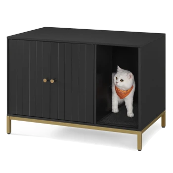 Ein stilvoller schwarzer Haustierschrank mit goldenen Beinen, mit einer weißen Katze, die ein oranges Halstuch trägt und aus einem offenen Seitenfach herauslugt.