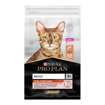 Sac de nourriture pour chats Purina Pro Plan Adult avec un gros plan d'un chat Bengal, étiqueté 'Ingrédient n° 1 saumon' et 'Fonctions Vitales.'