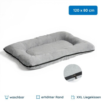 Grau XXL-rechteckiges Haustierbett mit erhöhten gepolsterten Rändern, Reißverschlussdetail und Größenschild '120 x 80 cm'; unterer Text 'waschbar'.