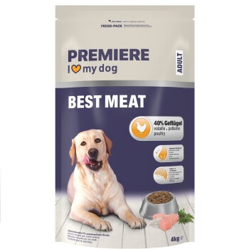 Premiere 'I ♥ my dog' hondenvoerzak voor volwassen honden met opschrift BEST MEAT, 40% gevogelte, 4 kg, met liggende hond, kom brokjes en vlees.