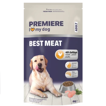 Premiere 'I ♥ my dog' hondenvoerzak voor volwassen honden met opschrift BEST MEAT, 40% gevogelte, 4 kg, met liggende hond, kom brokjes en vlees.