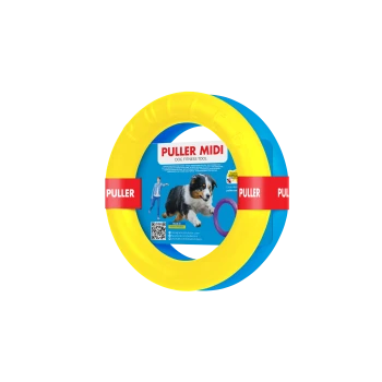 Gelbes und blaues Hundesportgerät mit der Aufschrift "PULLER MIDI" und einem Bild eines Hundes und einer Person, die spielen.