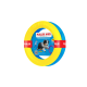 Gelbes und blaues Hundesportgerät mit der Aufschrift "PULLER MIDI" und einem Bild eines Hundes und einer Person, die spielen.