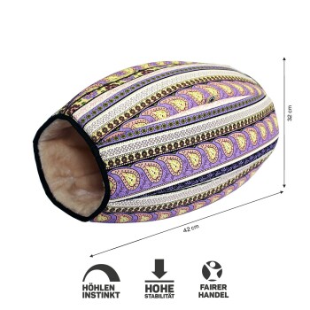 Bunte Haustierhöhlenmatratze mit einem gemusterten Äußeren, 42 cm lang und 32 cm hoch, mit weichem Innenraum.