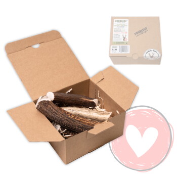 Geöffnete Kraftpapierbox mit Rehgeweih-Kauartikeln für Hunde, darüber eine kleine geschlossene FOURLEGS-gebrandete Schachtel und ein rosafarbenes Herz unten rechts.