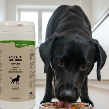 Schwarzer Hund frisst aus einer Schüssel neben einem Behälter der Lecker.pet Barfer's Solution Complete Hunde-Nährstoffmischung.