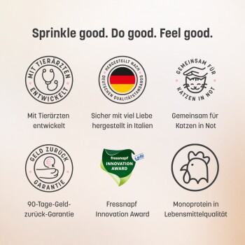 Sechs Tier-Buttons mit dem Slogan 'Sprinkle good. Do good. Feel good.' mit Hinweisen: tierärztlich entwickelt, hergestellt in Italien und 90-Tage-Geld-zurück-Garantie