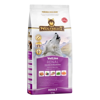 Premium Hundefutterbeutel, gekennzeichnet "Wolfsblut VetLine RENAL", mit einem Wolf und Bergen, der Huhn und Süßkartoffeln hervorhebt, 12 kg.
