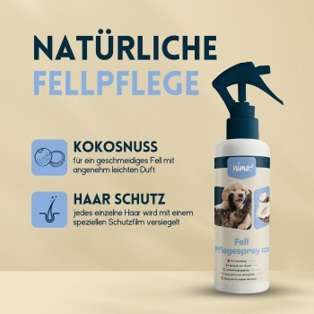 Natürliche Haustierpflege-Sprühflasche mit Kokosnussduft, mit einem Bild eines Welpen und Text, der den Fellschutz und die Vorteile hervorhebt.