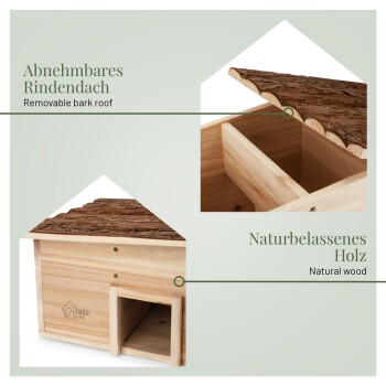 Holzhaustierhaus mit abnehmbarem Rinden-Dach, das aus natürlichem Holz gefertigt ist. Der Text enthält "Abnehmbares Rinden-Dach" und "Natürliches Holz."