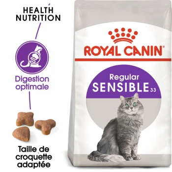 Sensible 33 Croquettes Chat 400 g Sac de nourriture pour chat Royal Canin Sensible avec une illustration de chat gris et du texte sur la nutrition santé, la digestion optimale et la taille de croquettes adaptée.