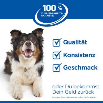 Glücklicher dreifarbiger Hund mit 100 % Zufriedenheitsgarantie und Häkchen für Qualität, Konsistenz und Geschmack im deutschen Text.