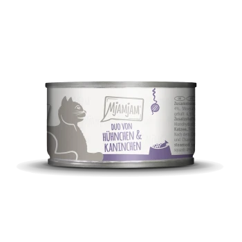 Blik kattenvoer met een zilveren blik gelabeld 'Mjamjam Duo von Hühnchen & Kaninchen' met een silhouet van een kat en speelse graphics.