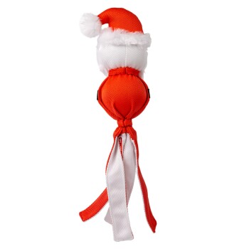 Red and white Santa hat dog toy with knotted body and dangling fabric strips on white background.