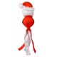 Red and white Santa hat dog toy with knotted body and dangling fabric strips on white background.