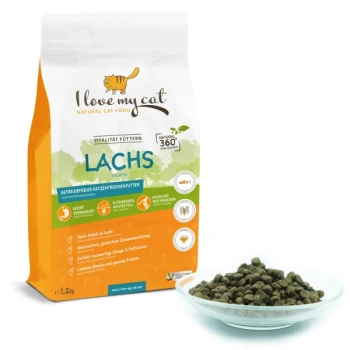 Trockenfutter für Katzen mit Lachs - 1,2 kg Eine Tüte mit "Ich liebe meine Katze" Lachs-Katzenfutter, beschriftet mit "LACHS", neben einer Schüssel mit Trockenfutter, die getreidefrei und mit Omega-3-Vorteilen hervorgehoben wird.