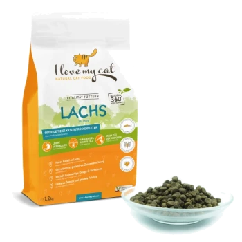 Eine Tüte mit "Ich liebe meine Katze" Lachs-Katzenfutter, beschriftet mit "LACHS", neben einer Schüssel mit Trockenfutter, die getreidefrei und mit Omega-3-Vorteilen hervorgehoben wird.