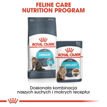 Program żywieniowy Royal Canin Feline Care Nutrition, z suchą i mokrą karmą do pielęgnacji układu moczowego dla kotów, z obrazkiem kota i tekstem w języku polskim.