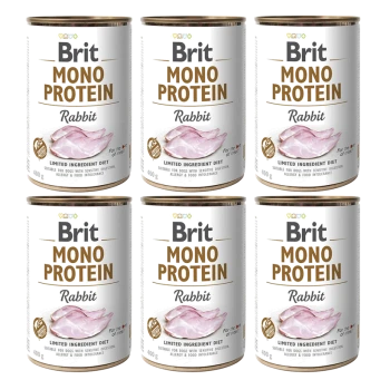 Sechs Dosen Brit Mono Protein Kaninchen Hundefutter, jeweils 400 g, gekennzeichnet als Diät mit begrenzten Zutaten für Hunde mit empfindlicher Verdauung.