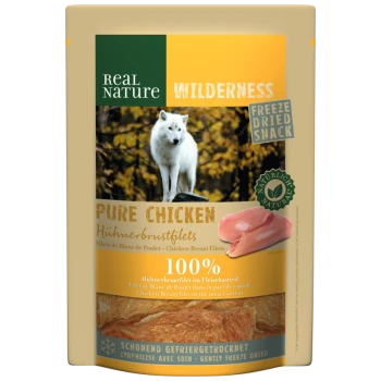 Gefriergetrockneter Hähnchenbrustsnack für Haustiere, mit einem weißen Wolf auf der Verpackung, beschriftet mit "Reines Hähnchen" und "100%".