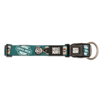 Türkisfarbenes Hundehalsband mit Kaffeetassen- und „Coffee Break“-Aufdruck, schwarzer Schnalle, Metallring und „Max & Molly Urban Pets“-Logo.