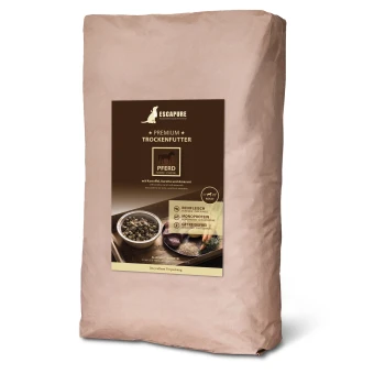 Premium Trockenfutterverpackung für Pferde mit der Aufschrift 'ESCAPURE' und Zutaten wie Kartoffel, Karotte und Amaranth, geeignet für erwachsene Pferde.