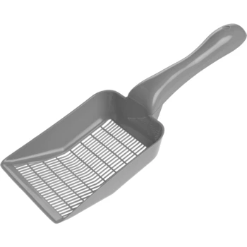 Graue Katzentoilettenschaufel mit flachem, breitem Boden und langem Griff, entworfen für eine einfache Reinigung von Katzenklos.