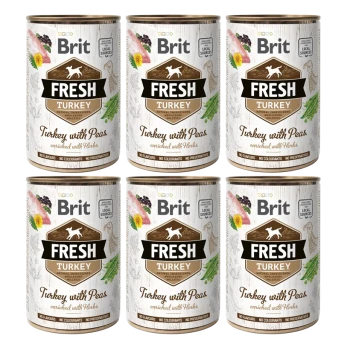 Sechs Dosen Brit Fresh Turkey Hundefutter, beschriftet "Truthahn mit Erbsen, angereichert mit Kräutern," mit rustikalem Design und ohne Zusatzstoffe.