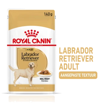 Royal Canin Labrador Retriever Adult hondenvoer, 140g, met Labrador illustratie en tekst: "LABRADOR RETRIEVER ADULT," "IDEAL WEIGHT."