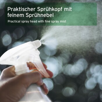 Hand sprüht feinen Nebel aus klarem Sprühkopf, Bokeh-Hintergrund; Text: 'Praktischer Sprühkopf mit feinem Sprühnebel'.