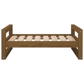 Holz-Haustierbett mit lamellenartigem Design, mit einem stabilen Rahmen und natürlichem Finish, ideal für kleine bis mittelgroße Haustiere.