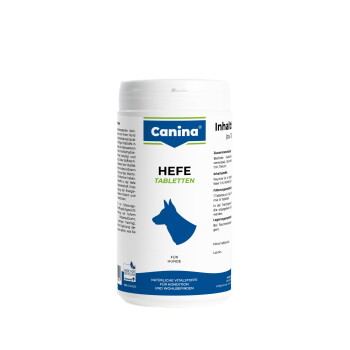 Weiße Canina-Flasche mit HEFE TABLETTEN Nahrungsergänzung für Hunde, mit blauem Hundesilhouette, Aufschrift 'Für Hunde' und Canina-Logo