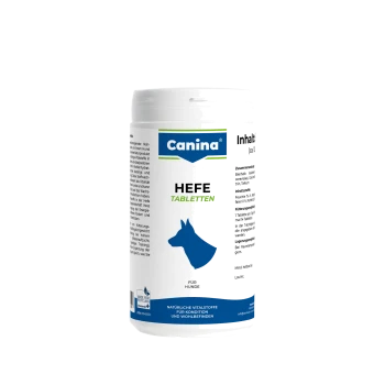 Weiße Canina-Flasche mit HEFE TABLETTEN Nahrungsergänzung für Hunde, mit blauem Hundesilhouette, Aufschrift 'Für Hunde' und Canina-Logo