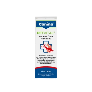 Canina PETVITAL Bach-Blüten Mischung, ein Nahrungsergänzungsmittel für Hunde, Katzen, Pferde, Vögel und Nagetiere, das positives Verhalten fördert.