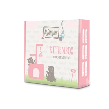 Mjamjam Kittenbox Verpackung mit verspielten Kätzchen, einem Kratzbaum und dem Text "WILLKOMMEN DAHEIM!" in Pink.