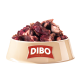 Eine beige Haustierfutterschüssel gefüllt mit Stücken rohem Fleisch, mit dem Markennamen "DIBO" und dem Slogan "Für die Besten das Beste."