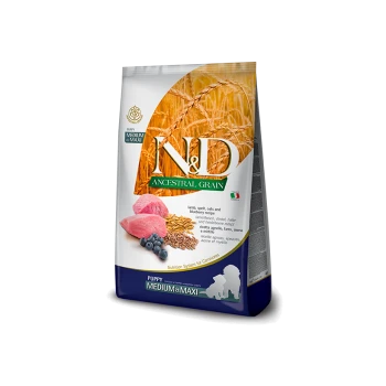 Hundefutterbeutel mit der Aufschrift "N&D Ancestral Grain", der Lamm, Dinkel, Hafer und Heidelbeeren für mittelgroße und große Welpen enthält.