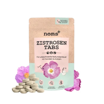 Zistrosen Tabs Haustierergänzungspaket mit pinkem Blumenmuster, mit Text auf Deutsch über natürliche Abenteuer für Hunde und Katzen.
