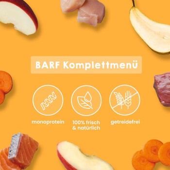 Banner 'BARF Komplettmenü' zeigt 'monoprotein', '100% frisch & natürlich', 'getreidefrei' sowie Fleisch, Fisch, Obst und Karotten
