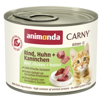 Animonda Carny Kitten-Nassfutterdose mit Aufschrift 'Rind, Huhn + Kaninchen / Beef, Chicken + Rabbit' und Bild eines orangefarbenen Kätzchens.