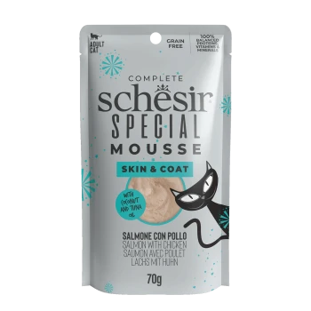 Schesir Special Mousse cat food pouch for adult cats, salmon with chicken, grain free, skin & coat formula, 70g.
