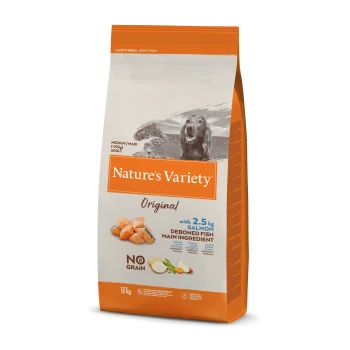 Original No Grain - karma dla psów dorosłych z łososiem 12kg Torba z jedzeniem dla psów od Nature's Variety, z formułą "Original" z 2,5 kg łososia jako głównym składnikiem, oznaczona jako "No Grain."