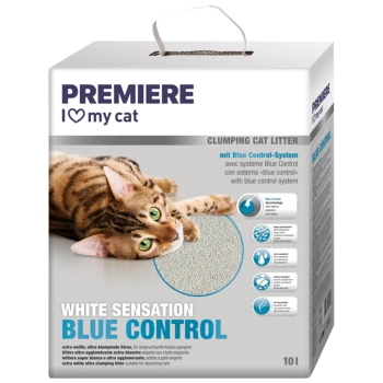 Premiere Klumpstreu-Paket mit einer verspielten getigerten Katze. Aufkleber besagt "WHITE SENSATION BLUE CONTROL" mit aufgelisteten Vorteilen.
