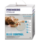 Premiere Klumpstreu-Paket mit einer verspielten getigerten Katze. Aufkleber besagt "WHITE SENSATION BLUE CONTROL" mit aufgelisteten Vorteilen.
