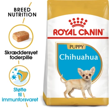 Sac de nourriture Royal Canin pour chiots Chihuahua avec un petit chiot Chihuahua, avec un texte mettant en avant la nutrition de la race et le soutien immunitaire.