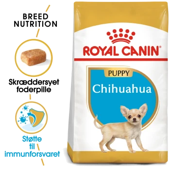 Royal Canin Chihuahua Welpenfutterbeutel mit einem kleinen Chihuahua-Welpen, mit Text, der die Ernährungsbedürfnisse der Rasse und die Unterstützung des Immunsystems hervorhebt.