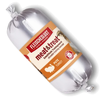 Silberverpackte FLEISCHESLUST 'meat&treat' aufschneidbare Puten-Trainingswurst, Etikett mit 'PUTE TURKEY' und 'Single Protein'.